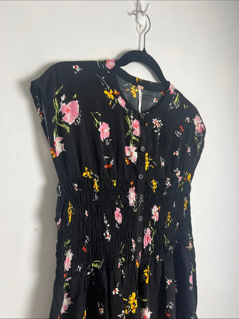 Free People Medium Greatest Day Black Floral Smocked Button Front Mini Dress